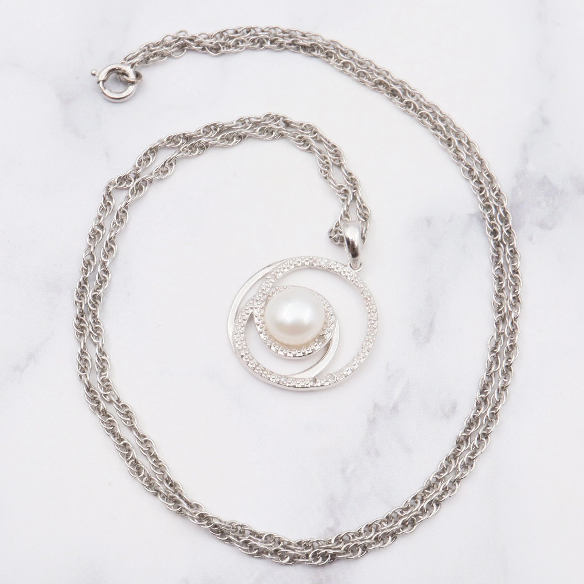 Vintage sterling pearl & diamond pendant on a sterling prince of whales chain, 20"